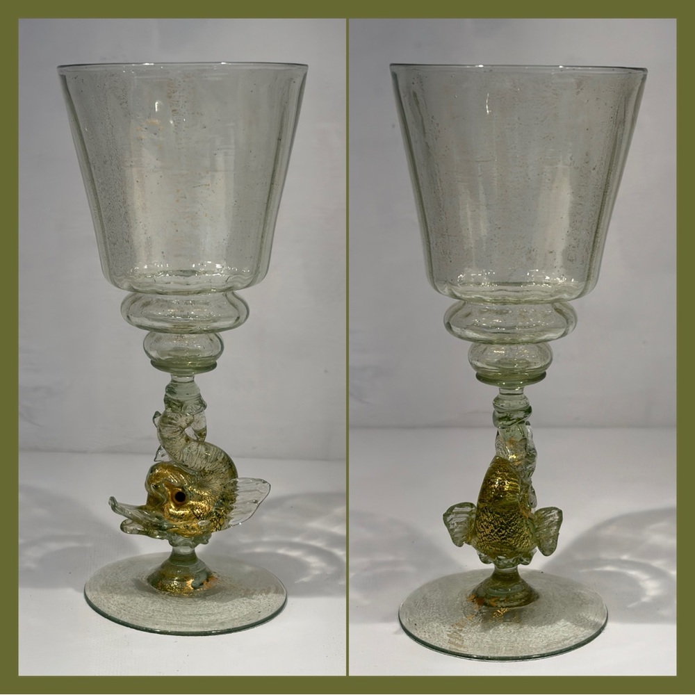 Italian Murano-Style Art Glass Fish Dolphin Stem Goblet w/ Gold Flecks